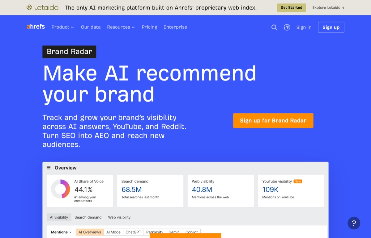 Ahrefs Brand Radar公式サイトのファーストビュー